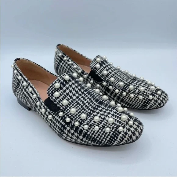 EUC J Crew Black and White Twwed Loafers with Faux Pearls - Picture 2 of 12